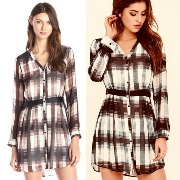 Jack BB Dakota Revolve Brown Cahill Plaid Dress Size Small Long Sleeves Mini NEW - Picture 1 of 16